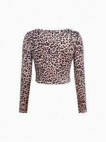 SHEIN Tween-Mädchen Lässiges 2-teiliges Set aus kurz geschnittenem T-Shirt mit Leopardenmuster, langen Ärmeln, Kordelzug und Cargohose