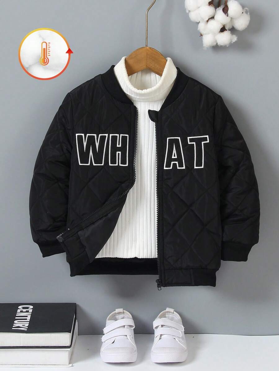 Young Boy Casual Letter Print Warm Comfortable Outfit, Suitable For Autumn, Spring And Winter - Black - View 1