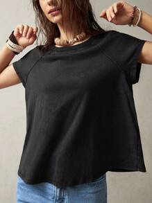Bohemela 1 件女式纯色圆领休闲短袖 T 恤，适合度假穿着 - 黑色 - 查看 3