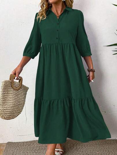 Breezaya Plus Size Women Solid Color Casual Half-Button Front Shirt Dress, For Thanksgiving Women Outfit BASICS