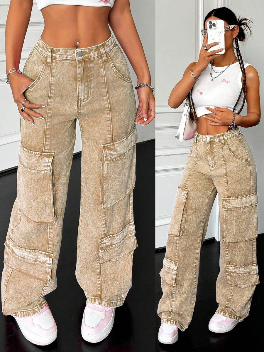 SHEIN PETITE 女式宽松阔腿牛仔裤、性感设计、女式工装裤、热粉色裤子、返校节裤子、宽松牛仔裤、宽松女式牛仔裤、低腰牛仔裤