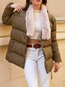EURMUSE Faux Fur Big Collar Quilted Stylish Two Pocket Padded Puffer Winter Coat With Belt - Khaki - View 3