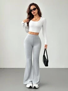 SHEIN PETITE Pantaloni evazați pentru femei, ocazional, de culoare solidă
