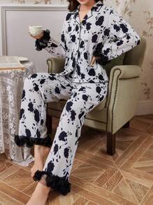 2 Pieces Women Elegant Floral Print Ruffle Hem Blouse And Pants Pajama Set, Comfortable For Autumn - Black - View 4