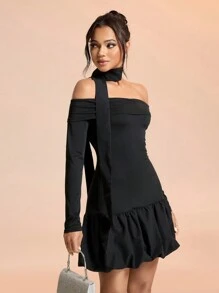 SHEIN Belle 女士露肩纯色荷叶边下摆晚礼服 - 黑色 - 查看 3