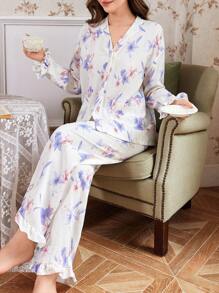 Bộ đồ ngủ dài tay có cổ viền bèo nhún in hoa dành cho nữ - Màu xanh lam - Xem 3