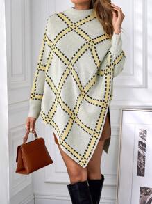 SHEIN Clasi 女士时尚格子图案斗篷式秋冬毛衣，适合秋冬季，女士冬装 - 彩色 - 查看 6