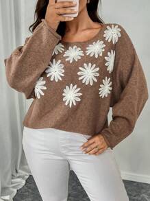 SHEIN Unity Plus Size Embroidery Floral Pattern Crew Neck Loose Fit Casual Pullover Sweater Knit Pullover Fall Winter - Brown - View 3