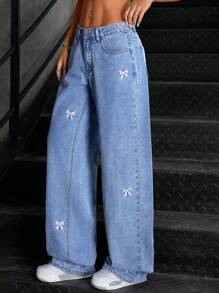 SHEIN ICON Simple Front Button Patch Pocket Bow Embroidery Washed Denim Jeans, Casual Everyday Wear