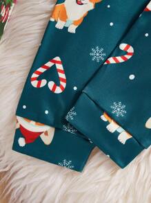 Tween Girl Snug Fit Christmas Dog Print Long Sleeve Top & Pants Pajama Set - Green - View 6