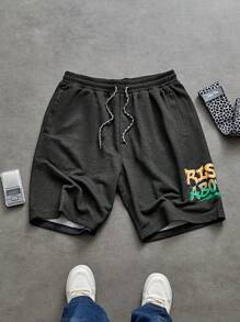 Manfinity Sport Corelite Boyfriend Style Men's Halloween Simple Letter Print Drawstring Sports Shorts, Casual Daily Wear Sweat Pants Black Shorts - Black - View 1