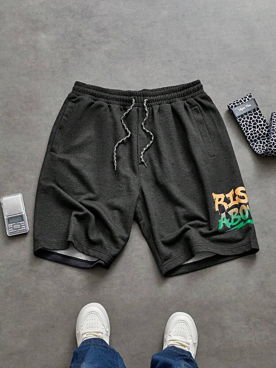 Manfinity Sport Corelite Boyfriend Style Men's Halloween Simple Letter Print Drawstring Sports Shorts, Casual Daily Wear Sweat Pants Black Shorts - Black - View 1