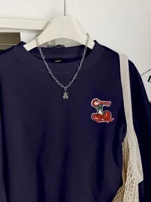 Muchica 樱桃字母刺绣休闲简约图案圆领长袖厚款女式运动衫，秋冬 - 藏蓝色 - 查看 5