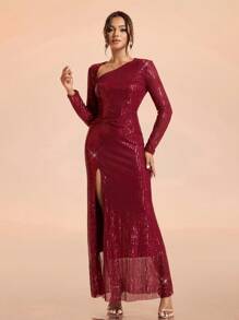 SHEIN Belle Damen asymmetrischer Ausschnitt Burgunderrot elegantes Mode Glitzer Pailletten Stoff rotes Party Cocktail Dinnerkleid Abendkleid (exquisite Verarbeitung) mit extra großem Maxirock, langärmliges halbtraditionelles Kleid, für Geburtstag, Hochzeitsgast, Abschlussball - Bordeaux - Übersicht 6