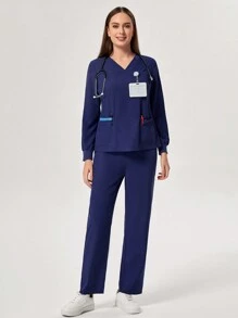 TaskEZ V领长袖4口袋撞色休闲女式T恤洗刷制服套装衬衫和女士工作服直筒裤健康检查手术洗刷制服套装女士纯色宠物美容工作洗刷制服套装营养师工作服短袖实验室工作服女式两件套，多口袋功能性工作服，上衣领口带拉链方便穿脱，下身松紧腰带方便穿脱 - 藏蓝色 - 查看 10