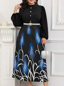Modelyn Plus Size Feather Print Patchwork Long Sleeve Button Front Casual Dress Long Evening Dresses