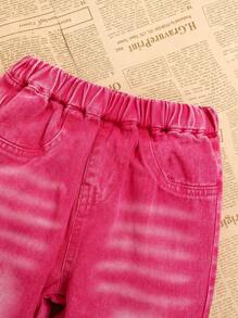 SHEIN Bộ đồ 2 món cho bé gái: Quần ống loe ren xẻ tà + Áo phông in hình bướm rách rưới - Hồng - Xem 4