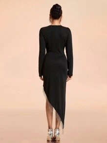 SHEIN Belle Đầm dự tiệc cocktail cổ tròn bó sát thời trang và thanh lịch cho nữ (thủ công tinh xảo), viền nối xích bất đối xứng, thời trang, thanh lịch và tao nhã, đầm dạ hội bán trang trọng dài tay, cho sinh nhật, khách dự tiệc cưới, tốt nghiệp, về quê - màu đen - Xem 2