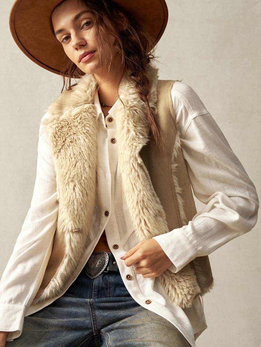 Bohemela 1pc Women Sleeveless Collared Fluffy Lining Fitted Vest Jacket, For Vacation - Camel - View 1