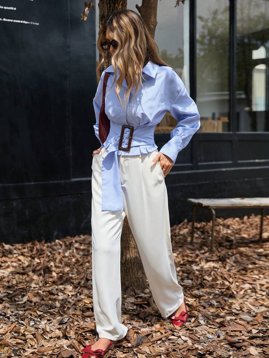 Aveloria Modichic Commute Design Pleated Waist Slimming Exaggerated Day Buckle Short French Puff Sleeve Contrast Stripe Blouse Button Up Shirt Women  Fall Cloth For Women - Multicolor - View 1