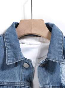 SHEIN Tween Boy Cool Boy Fashion Frayed, All Over Horse Print Street Vintage All-Match Commute Versatile Denim Suit, Daily Casual All-Match Simple Street Chic All Season Distressed Ripped Jacket Top And Slim Fit Comfortable Jeans 2 Pieces Set - Medium Wash - View 5