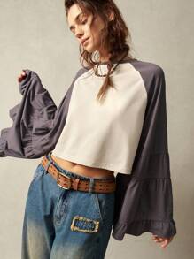 Bohemela Color Block Raglan Sleeve Loose Fit Crew Neck Women T-Shirt - Black and White - View 8