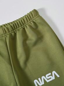 SHEIN Tween Boys Letter Print Hooded Zip-Up Jacket And Elastic Waist Pants 2pcs Casual Set - Army Green - View 6