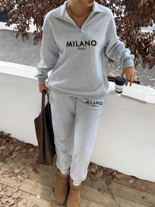 Slaydiva Women Casual High Collar Zip Half-Placket Loose Long Sleeve Fleece Sweatshirt And Long Sweatpants Set, Suitable For Autumn/Winter