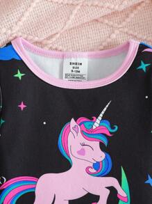 2pcs Baby Girl Black Colorful Glow-In-The-Dark Graphic Print Long Sleeve Top And Pants Pajama Set - Black - View 5