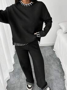SHEIN 秋季拼色宽松优雅女士套装、长袖毛衣和裤子两件套 - 黑色 - 查看 7