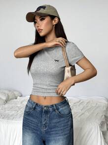 SHEIN EZwear Women's Casual Solid Color Knit Crewneck Slim Fit Regular T-Shirt Red Bow Pattern - Grey - View 5