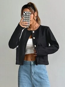 SHEIN Unity Women's Solid Color Front Button Long Sleeve Pocket Casual Blouse Fall Cloth For Women - Black - View 3