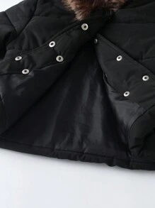 Young Girl Black Padded Coat With Fluffy Collar And Bow Belt - Black - View 7