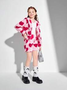 SHEIN 2pcs Girls Heart Pattern Fluffy Hooded Jacket & Shorts Loungewear Set, Warm Casual Outfit - Multicolor - View 4