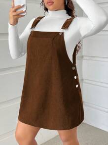 SHEIN EZwear 大码灯芯绒吊带连衣裙，初秋 - 棕色 - 查看 4