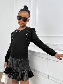 SHEIN Áo len cổ tròn viền bèo nhún cho bé gái tuổi teen giản dị tối giản thoải mái - màu đen - Xem 3