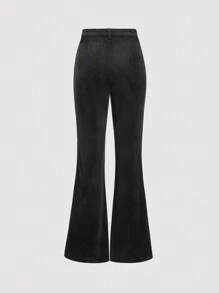 SHEIN MOD 女士黑色优雅天鹅绒毛绒带口袋喇叭裤、秋冬裤、圣诞嬉皮士服装、猫女服装、外出、海盗返校节、魔鬼服装 - 黑色 - 查看 2