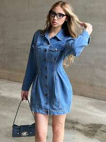 SHEIN EZwear 女士 Y2K 休闲牛仔水洗紧身连衣裙 - 淺色水洗藍 - 查看 4