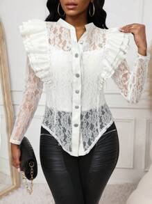 SHEIN Lady Cárdigan con botones frontales de piel sintética en patchwork, con volantes y encaje negro para mujer - Blanco - Ver 6