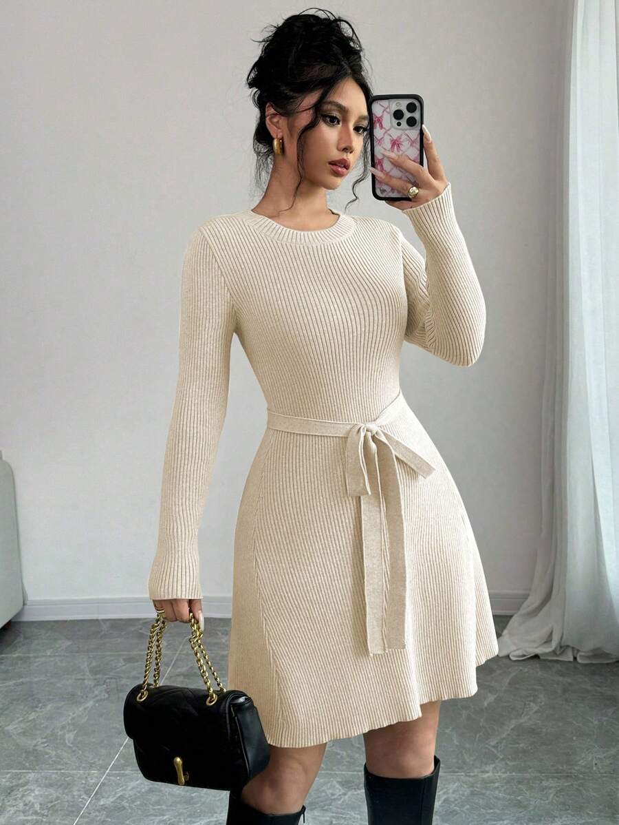 Chiquease 1pc Mid-Length A-Line Style Solid Color Fitted Sweater Dress