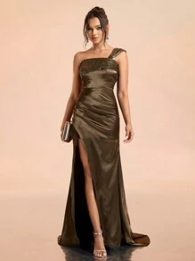 SHEIN Belle 女士亮片装饰开衩正式晚礼服（重饰款式），优雅舞会礼服，适合婚礼宾客、毕业典礼、晚宴、圣诞节 - 軍綠色 - 查看 6