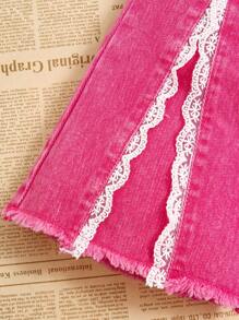 SHEIN Bộ đồ 2 món cho bé gái: Quần ống loe ren xẻ tà + Áo phông in hình bướm rách rưới - Hồng - Xem 6