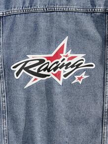 ROMWE MEN Street Life Men's Letter & Pentagram Printed Loose Denim Hoodie Jacket, Street Style For Autumn - Blue - View 5