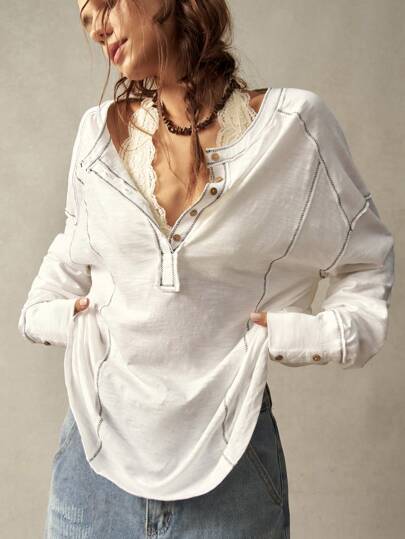 Bohemela 1pc Women Casual Solid Color Drop Shoulder Long Sleeve Loose Fit Sweatshirt,Long Sleeve Tops In Fall/Winter