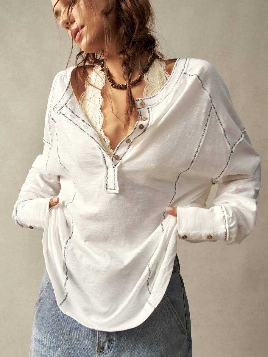 Bohemela 1 件女士休闲纯色落肩长袖宽松运动衫，秋冬长袖上衣 - 白色 - 查看 1