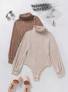 INAWLY Set de 2 piezas Body de manga larga con cuello alto de unicolor y talla grande, para uso casual en otoño/invierno - Marrón - Ver 1