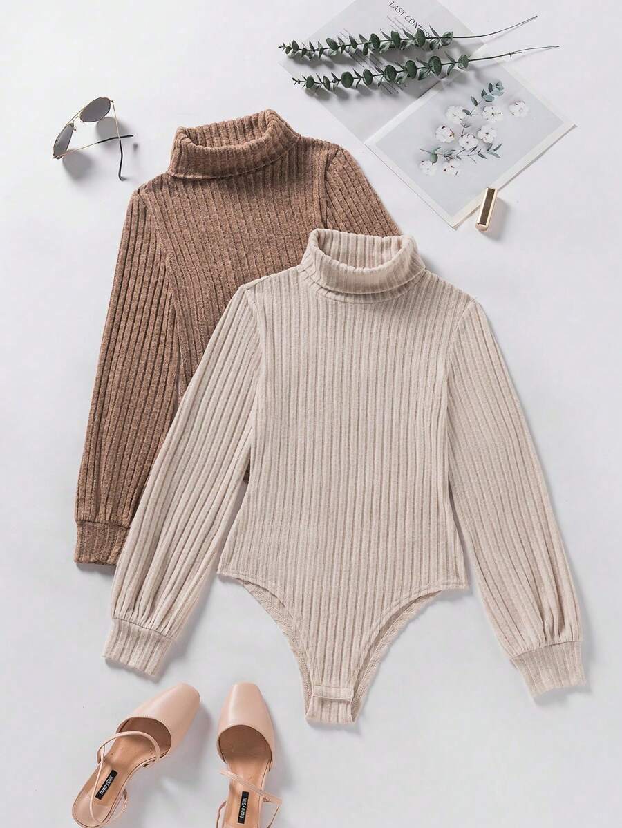 INAWLY Set de 2 piezas Body de manga larga con cuello alto de unicolor y talla grande, para uso casual en otoño/invierno - Marrón - Ver 1