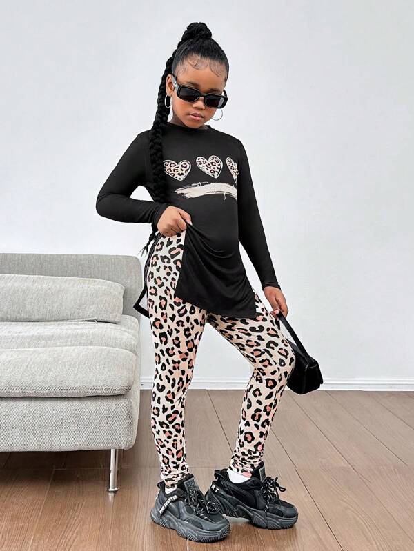 SHEIN Set 2 bucăți pentru fete Tween, cu mânecă lungă, cu decolteu, cu crestă laterală, tricou și jambiere cu imprimeu grafic