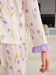 SHEIN 青少年女孩郁金香印花长袖上衣和长裤两件套家居服套装 - 紫色 - 查看 6