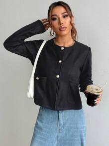 SHEIN Unity Women's Solid Color Front Button Long Sleeve Pocket Casual Blouse Fall Cloth For Women - Black - View 5